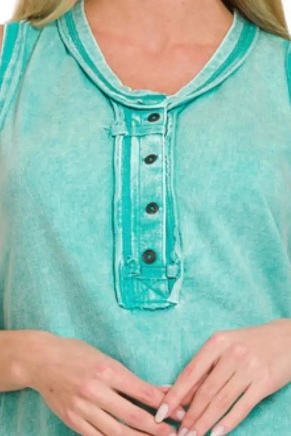 Zenana Washed Half-Button Raw Edge Sleeveless Henley Top - Love Salve